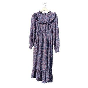 Bohme Dress Womens Small Midi Prairie Cottage Dark Floral Ruffle Romantic Ruched